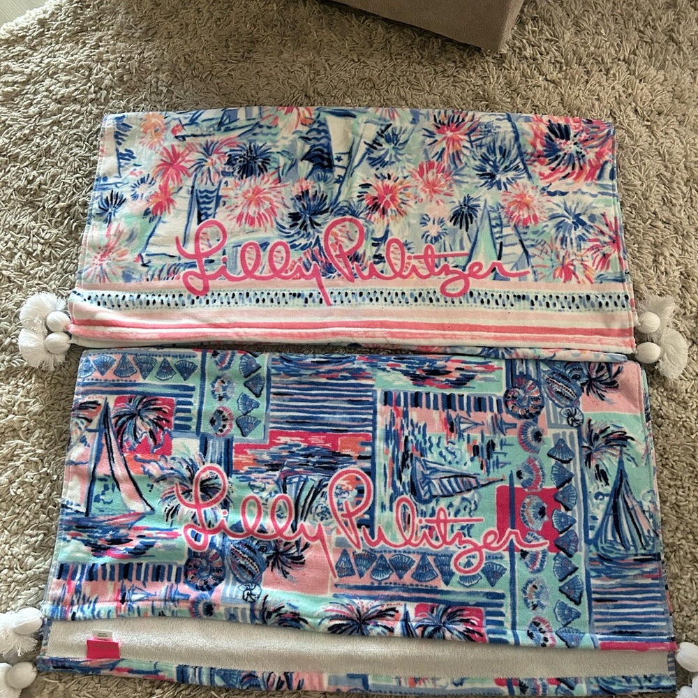 2 Lilly Pulitzer Vibrant Tropical Towels with Pom Poms